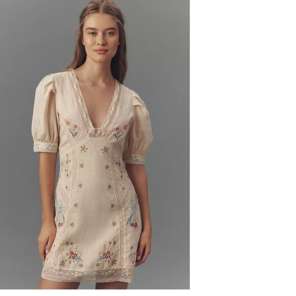 By Anthropologie Linen Blend Puff-Sleeve V-Neck Mini Dress 14 new nwt - Picture 2 of 7